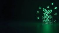 Green digital plant with roots growing from smartphone screen surrounded by eco-friendly technology icons on dark background for sustainable business concepts.