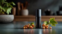 Elegant black cosmetic bottle with fresh currants and green leaves on dark teal surface, wooden kitchen background.