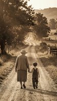 Adult woman and young child walking hand in hand down a rural dirt road lined with trees and fences, sepia-toned nostalgic countryside scene.