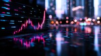 Stock market chart with neon pink candlesticks reflected on wet surface against blurred city lights and skyscrapers at night, creating futuristic financial visualization.