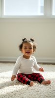 Happy mixed race toddler girl with curly hair in pigtails sitting on carpet wearing white top and plaid pants smiling at camera in bright room.