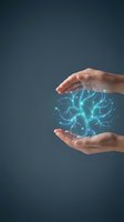 Hands protecting glowing digital brain with neural network connections on dark background for technology and artificial intelligence concepts.