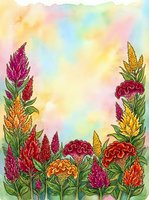 Vibrant watercolor celosia flowers in red, orange, yellow and magenta bloom against a soft pastel sky background with copy space.
