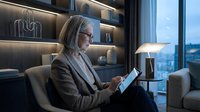 Mature woman with gray hair and glasses wearing business suit working on tablet in modern office lounge with illuminated shelving and city skyline view at dusk.