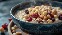 Healthy oatmeal porridge topped with chickpeas, dried cranberries, almonds and seeds in decorative blue ceramic bowl, perfect for breakfast or nutritious meal photography.