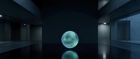 Glowing turquoise sphere floating in dark modern corridor with reflective floor and minimalist architecture, suitable for tech and innovation concepts.