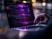 Programmer working on laptop with glowing purple and blue code on screen, hands typing on keyboard in dark environment with bokeh light background.