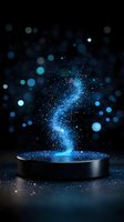 Magical blue glowing particles swirling upward from black platform against dark background, creating ethereal light trail effect with bokeh and sparkles.