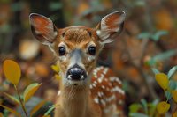 Adorable baby deer fawn with spotted coat looking directly at camera in autumn forest setting. Close up portrait showing expressive eyes and delicate features perfect for wildlife photography.