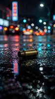 Spent brass bullet casing lying on wet urban street at night with neon signs and bokeh city lights reflecting on pavement surface.