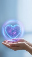 Hands holding glowing digital heart with circuit board pattern representing love for technology, AI romance, and futuristic relationships in healthcare.