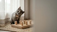 Adorable gray tabby kitten playing with wooden puzzle toy blocks on woven mat near window, showcasing natural curiosity and intelligence development.