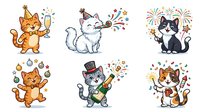 Cartoon cats celebrating with champagne, confetti, and party hats in cheerful poses. Isolated characters on white background, ready for greeting cards, invitations, and festive designs.