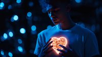 Young Asian male holding glowing heart shape light against dark background with blue bokeh lights creating magical romantic atmosphere and emotional connection.