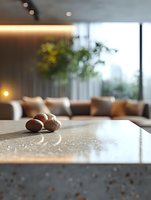 Fresh walnuts on modern kitchen counter with blurred living room background featuring warm lighting and contemporary furniture for healthy lifestyle concepts.
