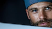 Close up portrait of bearded Caucasian male medical worker in blue scrub cap against dark background, showing intense blue eyes and confident smile.