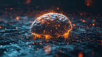 Glowing digital brain with orange light particles on dark technological surface, representing artificial intelligence and neural networks in modern computing.