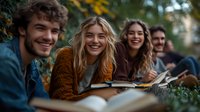 Young diverse students studying outdoors, sitting on grass with books and notebooks. Natural lighting captures genuine smiles and collaborative learning atmosphere.