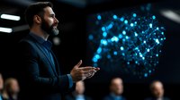 Middle Eastern businessman in dark suit gestures while speaking, with glowing blue digital particles floating in dark space, representing technology innovation.