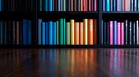 Colorful books arranged on wooden shelves creating rainbow spectrum effect with warm reflection on polished surface. Library interior with dramatic lighting.