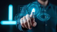 Businessman touching futuristic holographic interface with glowing blue digital circles and data visualization elements in modern technology concept.