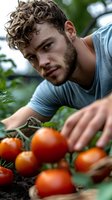 Young Caucasian male farmer with curly hair and beard examining fresh ripe tomatoes growing in organic garden. Close-up portrait showing sustainable agriculture.