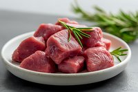 Fresh raw beef cubes with rosemary on white ceramic plate against dark background, close up view of marbled meat prepared for cooking.