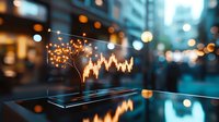 Financial chart glowing on glass surface with city bokeh lights reflection creating atmospheric evening mood. Modern market analysis concept.