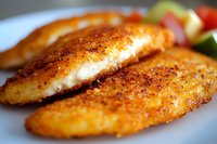 Seasoned fish fillets with golden-brown crispy coating served on white plate with fresh vegetable garnish, close-up view showing moist flaky texture and spice crust.