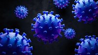 Blue coronavirus particles floating in dark space with spike proteins visible for medical education and scientific research purposes.