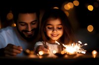 Young girl and father enjoying sparklers together in dark room with magical bokeh lights creating warm festive atmosphere. Family celebration moment.