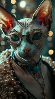 Sphynx cat wearing vintage crystal-adorned round sunglasses and pearl jewelry against blurred bokeh lights background, creating luxurious fashion mood.