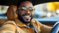 Happy African American man with beard wearing sunglasses smiling while driving car with warm lighting and bokeh background for lifestyle content.