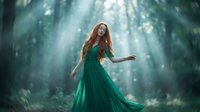 Young redhead woman in flowing emerald dress dancing in mystical forest with sunbeams streaming through trees creating magical atmosphere for fantasy storytelling.