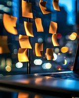 Glowing paper notes floating against dark blue background with bokeh lights and laptop keyboard, creating magical atmosphere for business concepts.