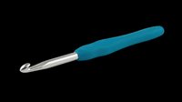 Crochet hook with teal ergonomic handle and metal shaft, isolated on transparent background. Ready for crafting tutorials, design projects, clipart, and print-on-demand products.