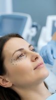 Young woman with surgical markings on face lying in medical clinic preparing for cosmetic surgery procedure with doctor in background.