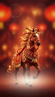 Ornate golden horse with decorative harness rearing against festive fireworks background for celebration designs and holiday greeting cards.