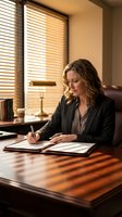 Professional businesswoman writing in office with warm sunlight streaming through blinds creating striped shadows on wooden desk.