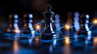 Black chess king piece connected by glowing lines on dark board with blue lighting effects, symbolizing leadership, strategy and digital transformation in business networks.
