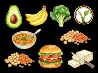 Vegan food clipart set with avocado, banana, broccoli, soup, burger, tofu, lentils, and chickpeas, isolated on transparent background, ready for t-shirt design and print on demand.