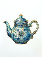 Ornate teapot with blue and gold enamel decoration, featuring floral motifs and scrollwork details. Isolated on white background, ready for design use.