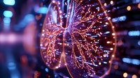 Glowing optical fiber network with bokeh lights creating futuristic connection pattern in blue and orange tones, macro photography for technology concept.