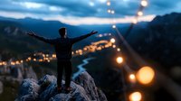 Silhouette of man with raised arms standing on mountain peak at dusk, overlooking valley with glowing city lights below and dramatic cloudy sky. Concept of success and freedom.
