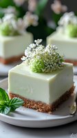White no-bake cheesecake square with graham cracker crust garnished with delicate white flowers and fresh basil on ceramic plate, macro food photography.