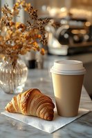 Fresh buttery croissant and takeaway coffee cup on marble table with dried flowers in glass vase, morning light creates cozy autumn atmosphere.