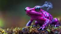 Vibrant pink poison dart frog with blue spots exhaling smoke while resting on moss, artistic nature photography with dreamy bokeh background and mystical atmosphere.