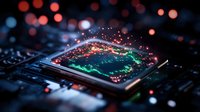 Glowing microchip on circuit board with red and blue bokeh lights, macro photography showing electronic components and digital technology innovation.