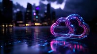 Glowing neon cloud symbols reflect on wet surface against blurred city skyline at night, illuminated in purple and blue colors creating futuristic atmosphere.