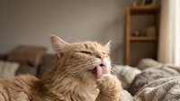 Fluffy ginger cat grooming itself on a cozy sofa, licking its paw with tongue out in a warm living room interior.